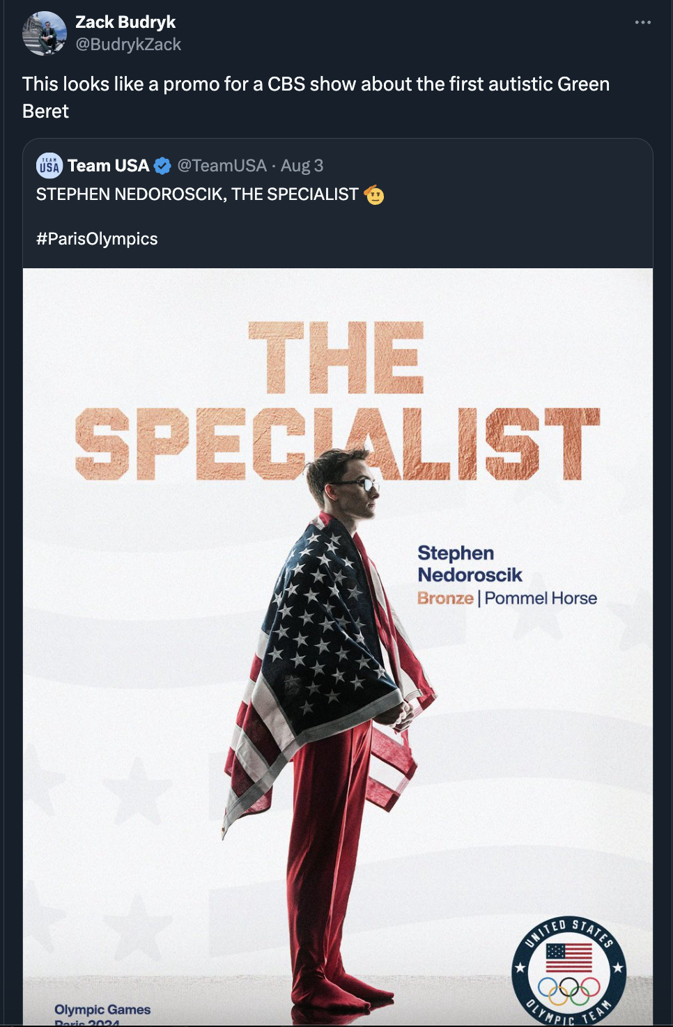 screenshot - Zack Budryk This looks a promo for a Cbs show about the first autistic Green Beret Team Usa Aug 3 Stephen Nedoroscik, The Specialist The Specialist Olympic Gam Stephen Nedoroscik Bronze | Pommel Horse United Stater Team